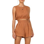Damen lässiges Leinen-Oberteil mit hochgeschnürtem Saum und Shorts R&B