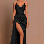 Damen Elegantes Langarm-Maxikleid mit drapierten Details und hohem Schlitz R&B