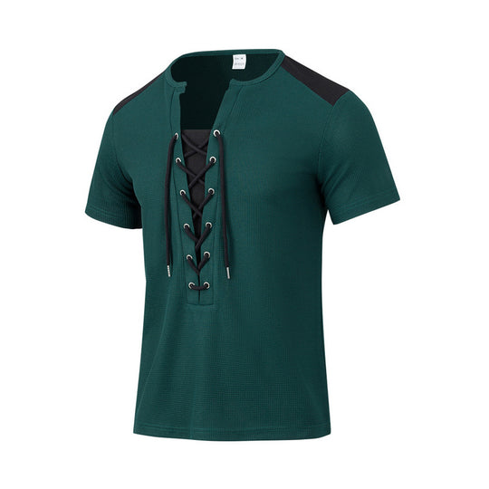 Herren Kurzarm-Henley-T-Shirt mit dekorativen Schnürdetails und atmungsaktiver Struktur R&B