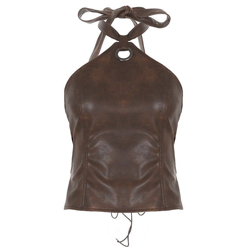 Damen Oberteil aus hochwertigem Kunstleder mit raffiniertem Halter-Design R&B
