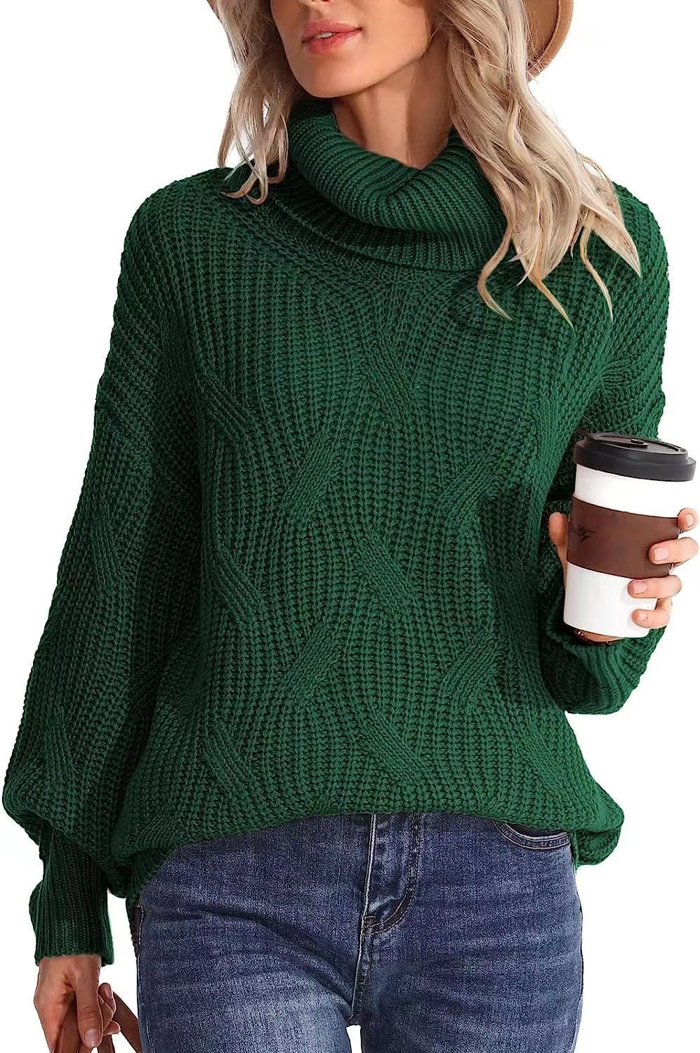 Damen Weicher Strickpullover mit hohem Kragen und Kabelmuster R&B