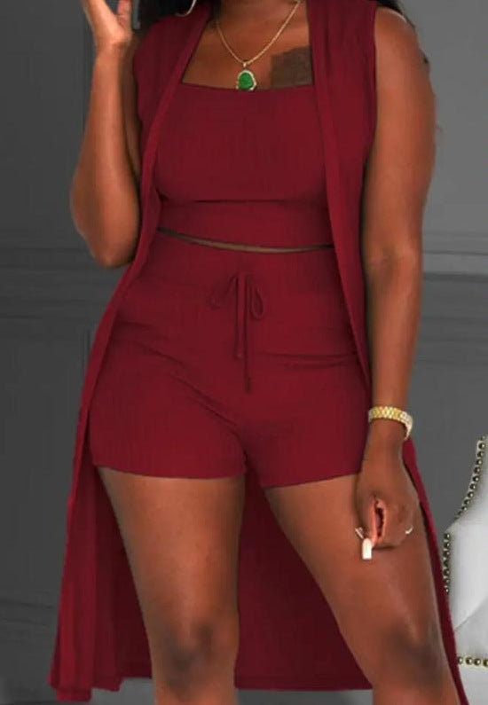 Damen lässiges 3-teiliges Set bestehend aus Crop-Top, Shorts und langem Cardigan R&B