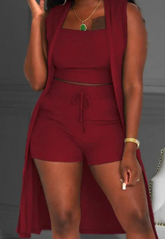 Damen lässiges 3-teiliges Set bestehend aus Crop-Top, Shorts und langem Cardigan R&B