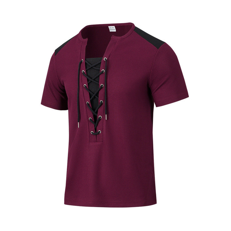Herren Kurzarm-Henley-T-Shirt mit dekorativen Schnürdetails und atmungsaktiver Struktur R&B