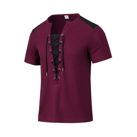 Herren Kurzarm-Henley-T-Shirt mit dekorativen Schnürdetails und atmungsaktiver Struktur R&B