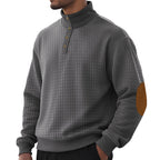Herren nan kariertes Stepp-Sweatshirt mit Henley-Blende hohem Stehkragen und Velours-Ellenbogenpatch R&B