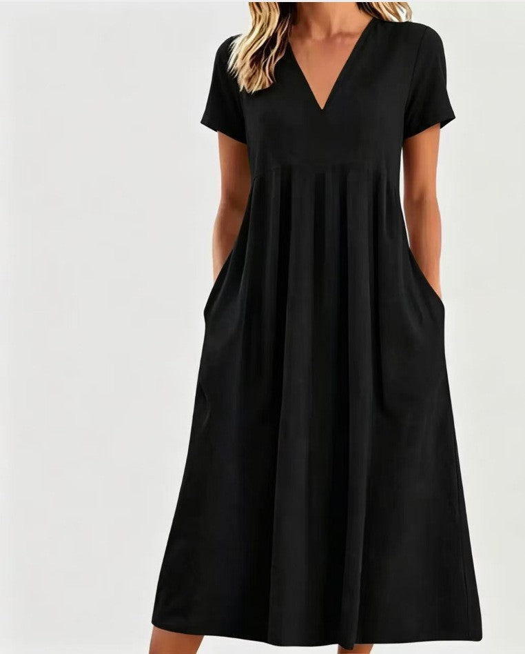 Damen nan legeres V-Ausschnitt-Midikleid mit Eingrifftaschen und geraffter Empirenaht R&B