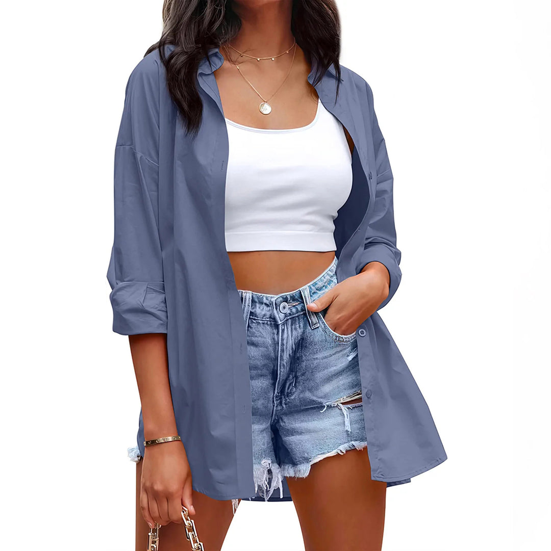 Damen lässige Leinenbluse mit langen Ärmeln und Knopfleiste R&B