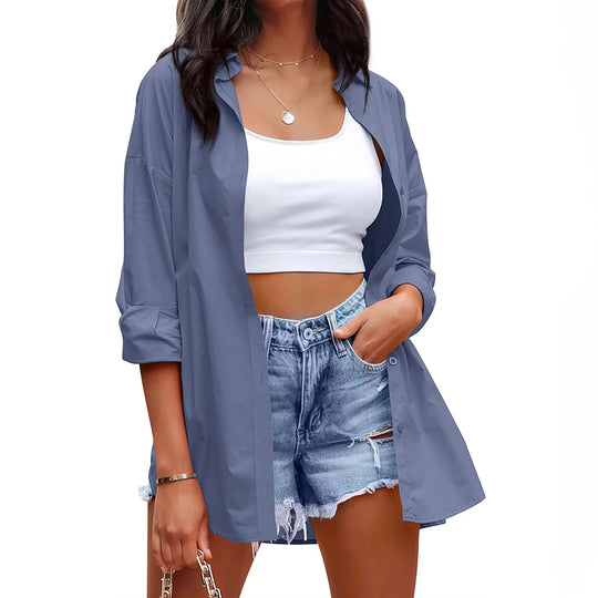 Damen lässige Leinenbluse mit langen Ärmeln und Knopfleiste R&B
