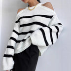 Damen Off-Shoulder Strickpullover mit Streifenmuster und lässigem Schnitt R&B