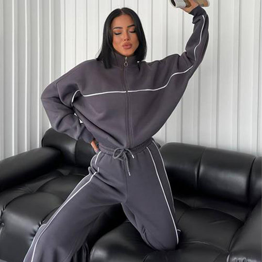 Damen lässiges Crop-Sweat-Set mit weitem Schnitt und hohem Kragen R&B
