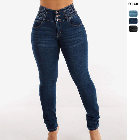 Damen Hochtaillierte Jeans mit elastischem Bund und Knopfdetails R&B