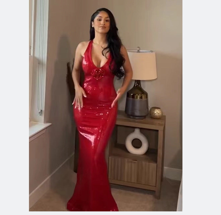 Damen Schimmerndes Abendkleid mit Blumenapplikation und Figurbetontem Schnitt R&B