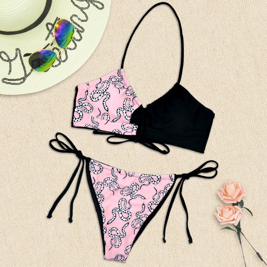 Damen Halter-Bikini mit asymmetrischem Design und verspieltem Muster R&B