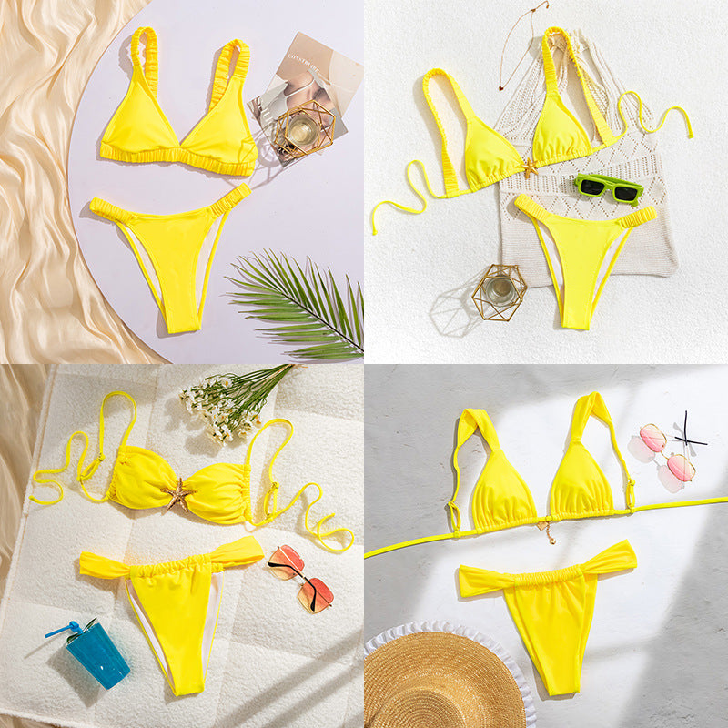 Damen Sportlicher Bikini mit gerafftem Oberteil und hohen Beinausschnitten R&B