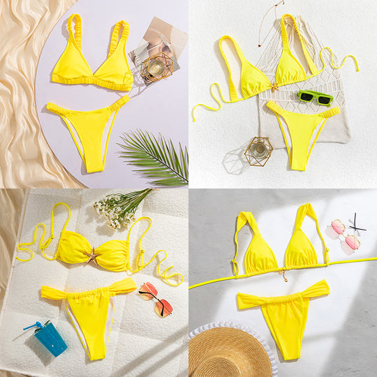 Damen Sportlicher Bikini mit gerafftem Oberteil und hohen Beinausschnitten R&B