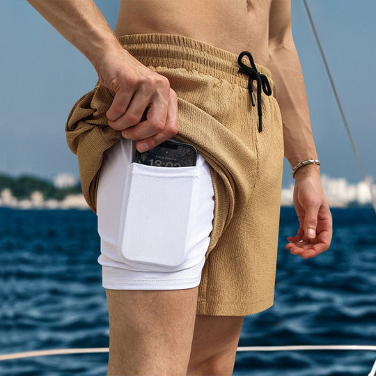 Herren nan zweilagige Badeshorts mit integrierter Kompressions-Innenhose und versteckter Handytasche R&B