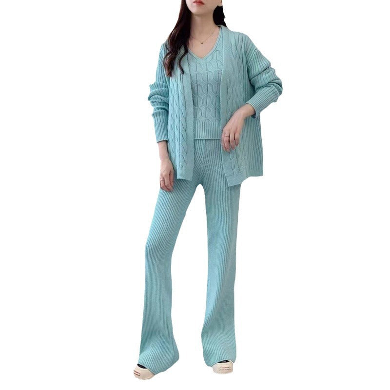 Damen Feinstrick-Ensemble mit originellem Zopfmuster und weiten Hosen R&B