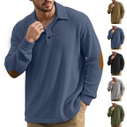 Herren nan gerippter Freizeit-Polo mit Kentkragen, kurzer Knopfleiste und Velours-Ellenbogenpatch R&B
