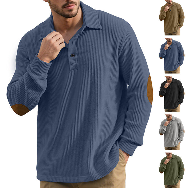 Herren nan gerippter Freizeit-Polo mit Kentkragen, kurzer Knopfleiste und Velours-Ellenbogenpatch R&B