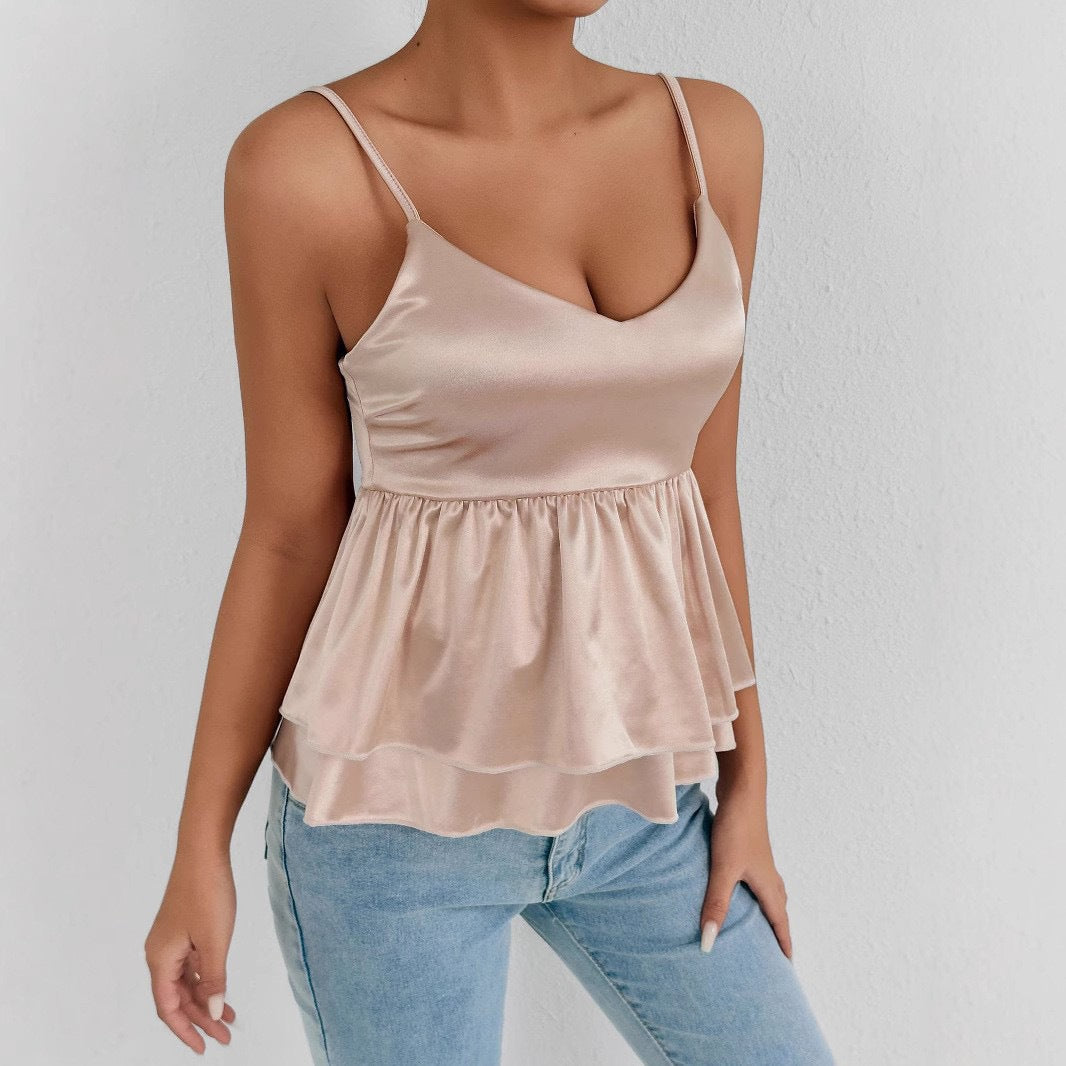 Damen elegantes Satin-Oberteil mit dekorativen Volants R&B