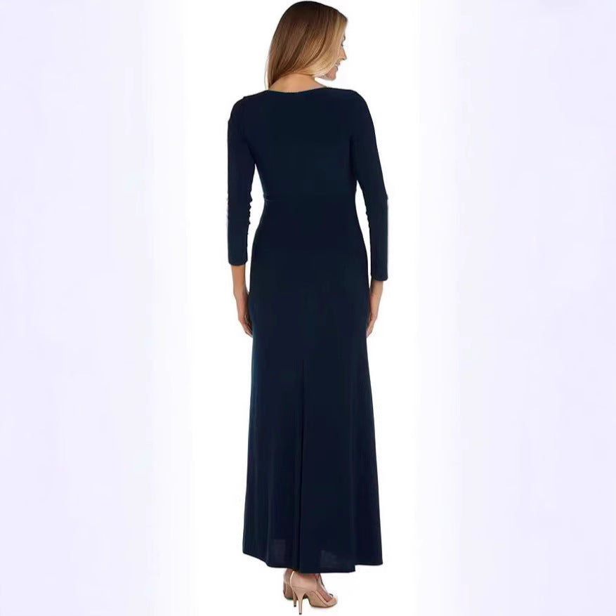 Damen elegantes Maxikleid mit hohem Schlitz und raffiniertem V-Ausschnitt R&B