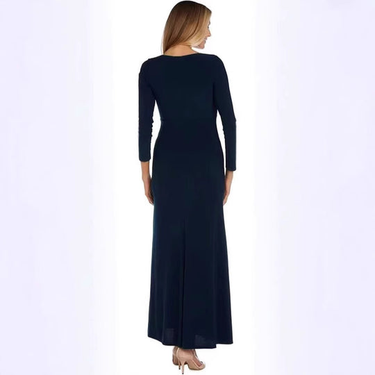 Damen elegantes Maxikleid mit hohem Schlitz und raffiniertem V-Ausschnitt R&B