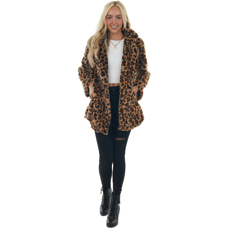 Damen Gemütliche Leopard-Fleecejacke mit offenem Kragen R&B