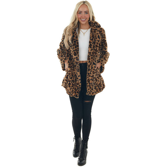 Damen Gemütliche Leopard-Fleecejacke mit offenem Kragen R&B