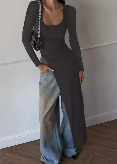Damen Elegantes langärmliges Kleid mit asymmetrischem Saum