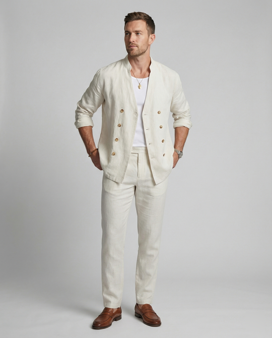 Herren elegantes Leinenhemd mit doppelter Knopfleiste R&B