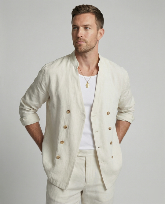 Herren elegantes Leinenhemd mit doppelter Knopfleiste R&B