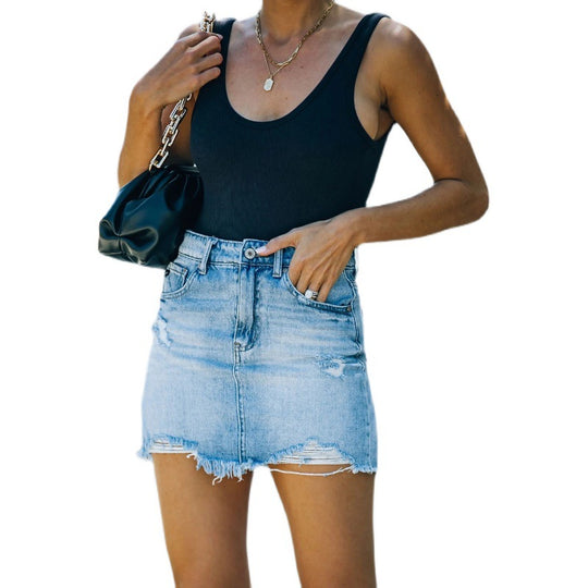 Damen Jeansrock im lässigen Used-Look mit fransigen Säumen R&B