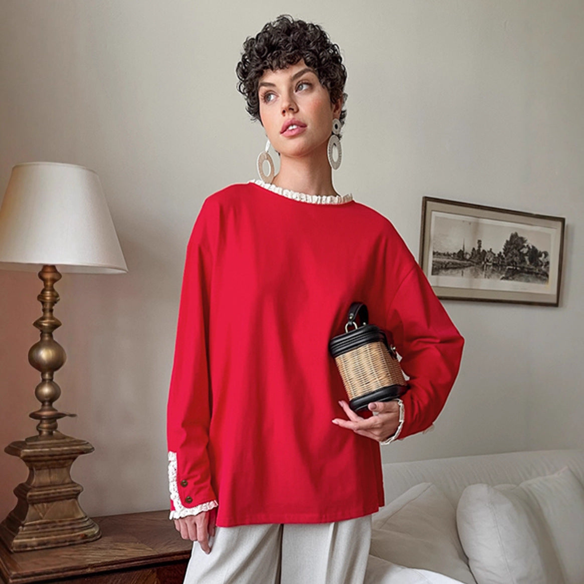 Damen eleganter Oversized-Pullover mit Rüschenärmeln R&B