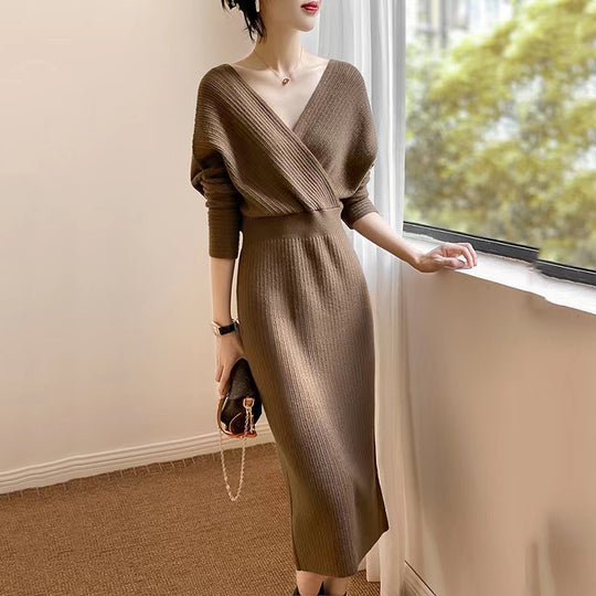 Damen Wickelkleid aus feiner Rippstruktur mit V-Ausschnitt R&B