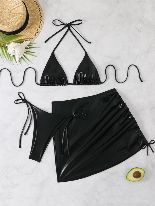 Damen schimmerndes Triangel-Bikini mit Wickelrock R&B
