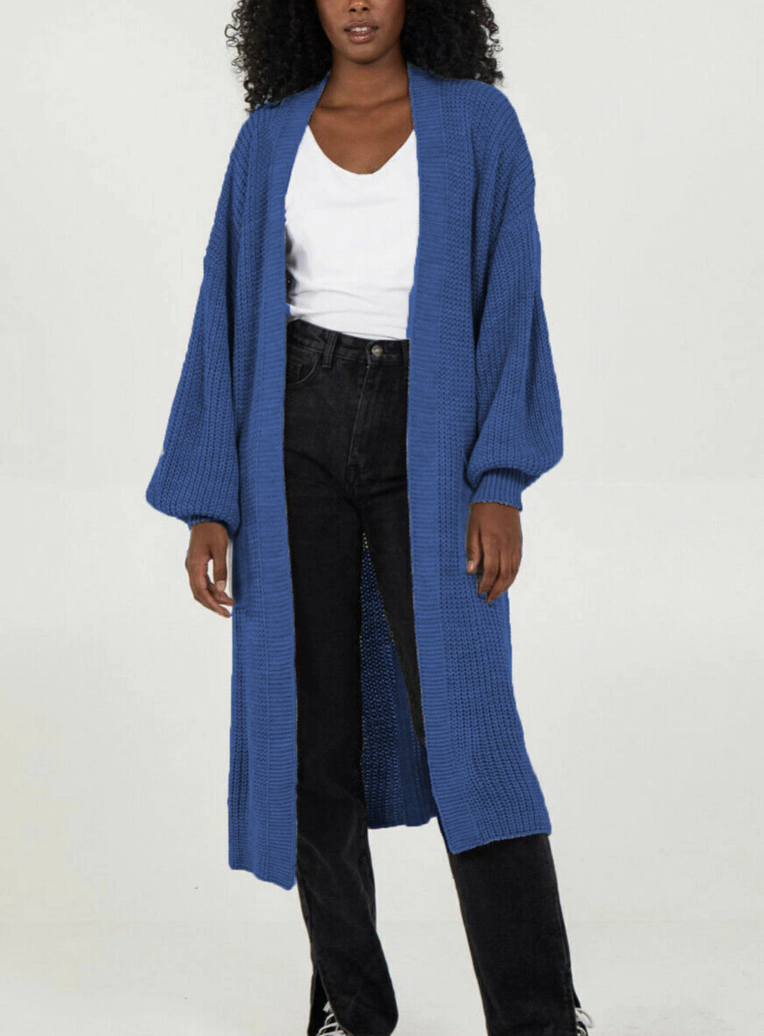 Damen Langer Strickcardigan mit voluminösen Ärmeln und offenem Schnitt R&B