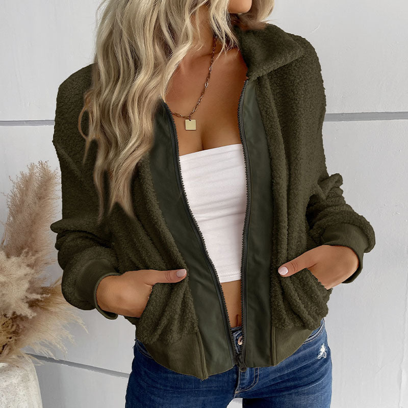 Damen Sportliche Plüschjacke mit Reißverschluss und praktischen Taschen R&B