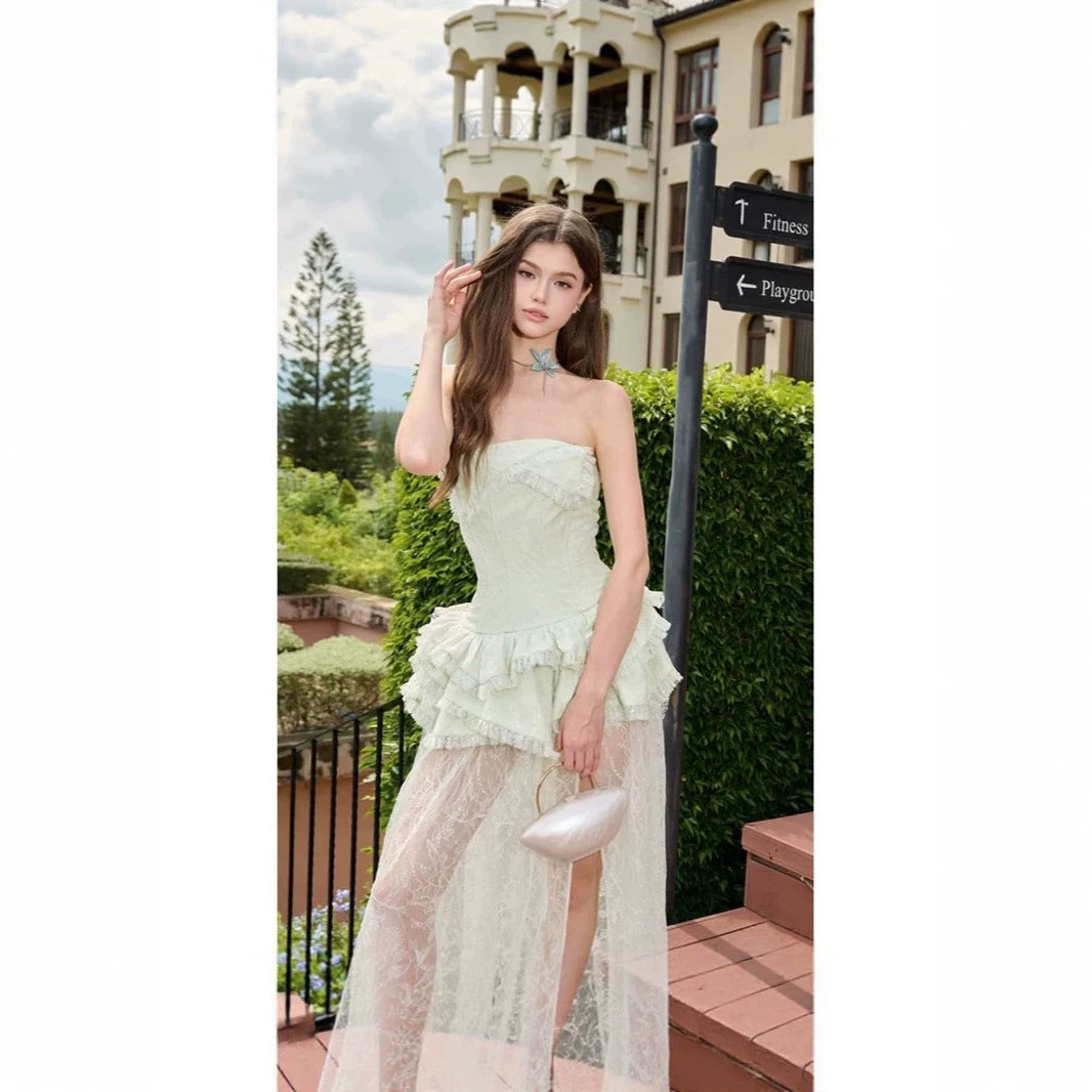 Damen Elegantes und luftiges Abendkleid mit Rüschendetails und transparentem Rock R&B