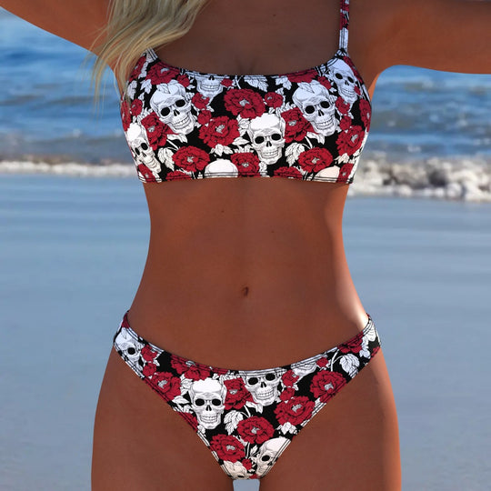 Damen Bikini-Set mit modernem Totenkopf- und Blumenmuster R&B