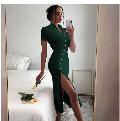 Damen Elegantes Maxikleid mit Knopfverschluss und schickem Schlitz R&B