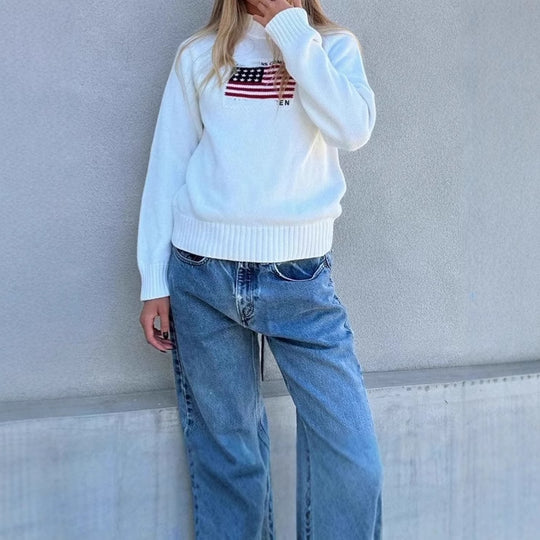 Damen Lässiger Pullover mit kreativem Flaggenmotiv und weichem Strick R&B