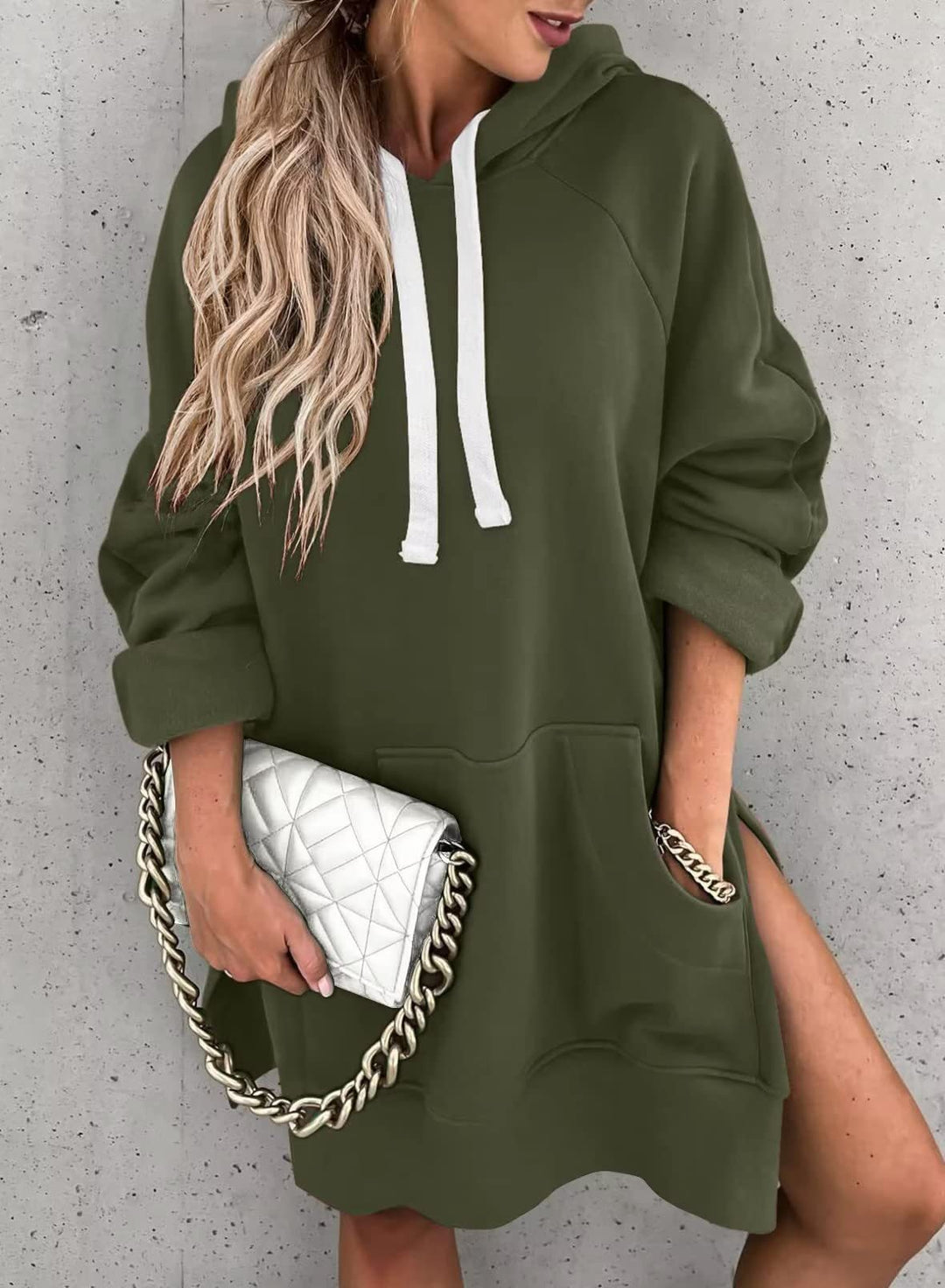 Damen lässiges Kapuzenkleid mit praktischen Eingrifftaschen und seitlichen Schlitzen R&B