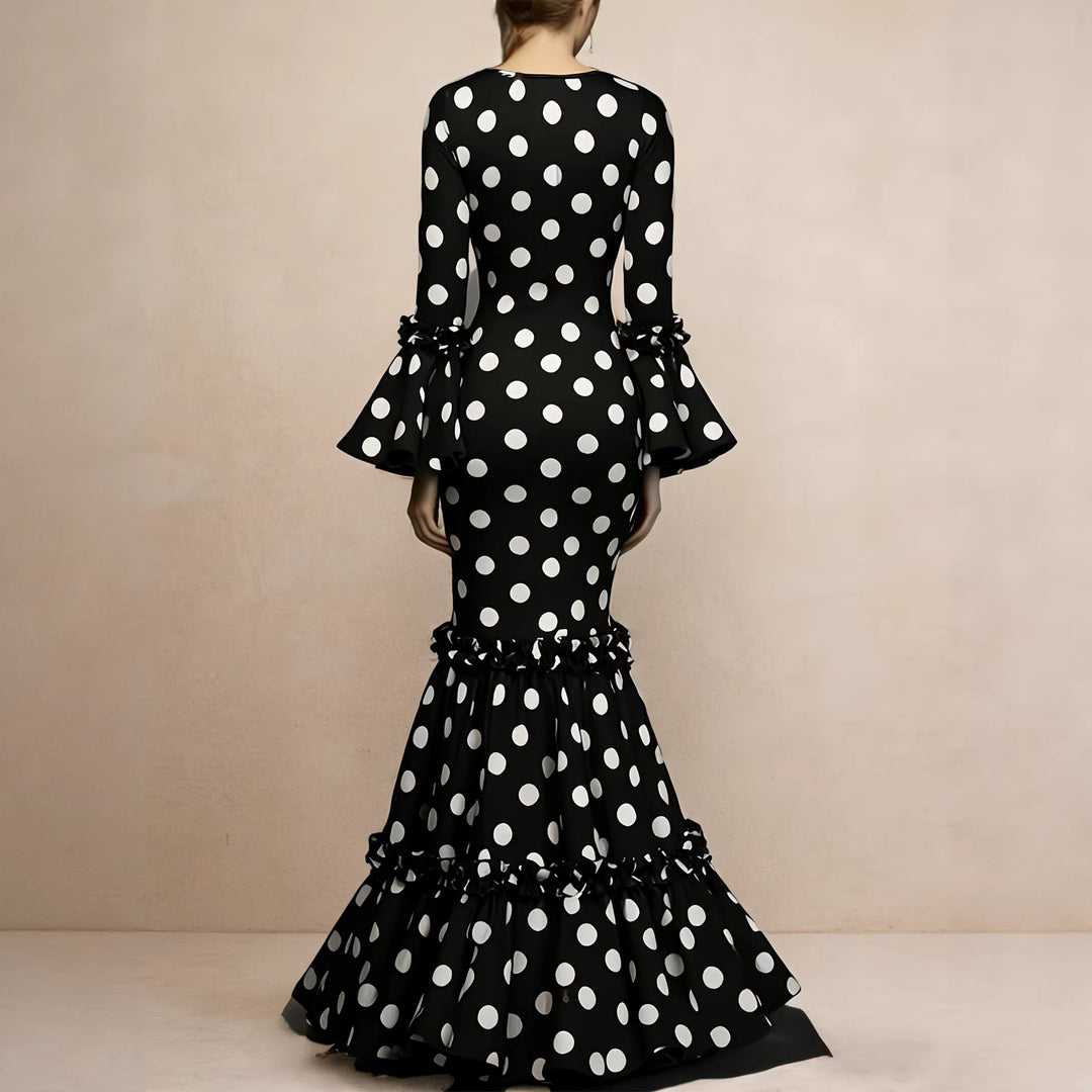 Damen Elegantes Maxikleid mit auffälligem Volant und Polka-Dots R&B