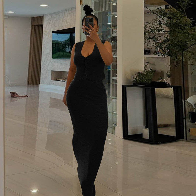 Damen Figurumspielendes Maxikleid mit Knopfdetails und schmalem Schnitt R&B
