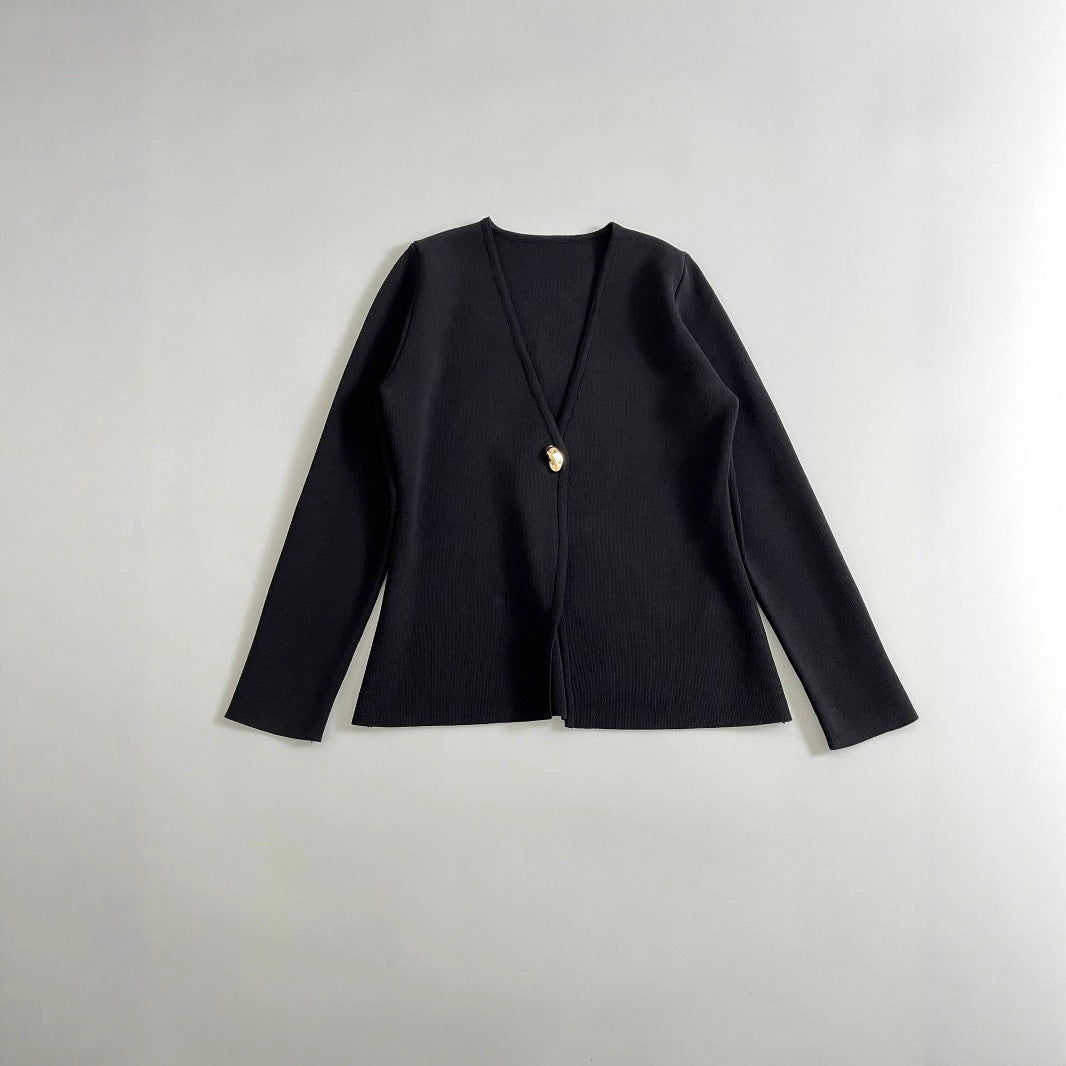 Damen lässiger V-Ausschnitt Cardigan mit dekorativem Knopf R&B