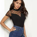 Damen Bodysuit mit transparenten Punkten und hochgeschlossenem Kragen R&B