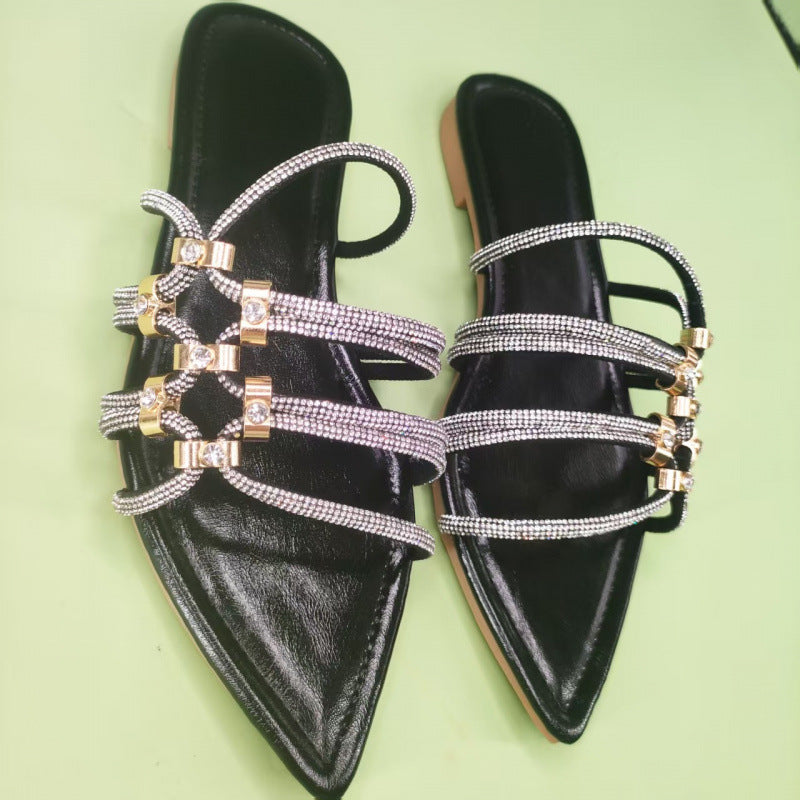 Damen elegante Riemchen-Sandalen mit funkelnden Akzenten und spitzem Zehenbereich R&B