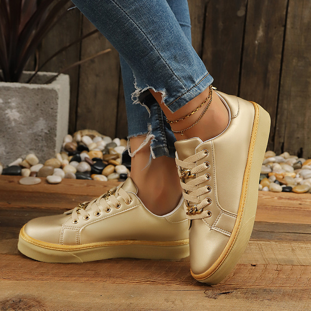 Damen modische Schnürsneaker mit goldener Kettenverzierung R&B