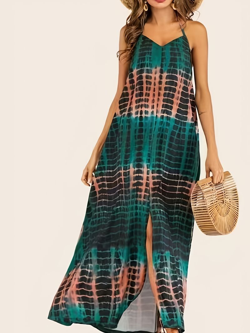 Damen Maxikleid im modernen Batikdesign mit tiefem V-Ausschnitt und Seitenschlitzen R&B